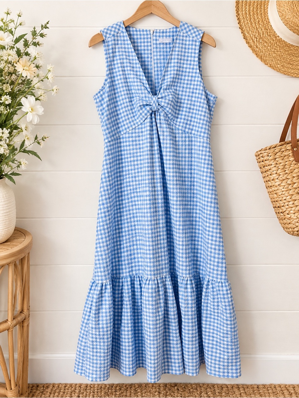 Calvin Klein Blue and White Gingham Knot-Front Midi Dress